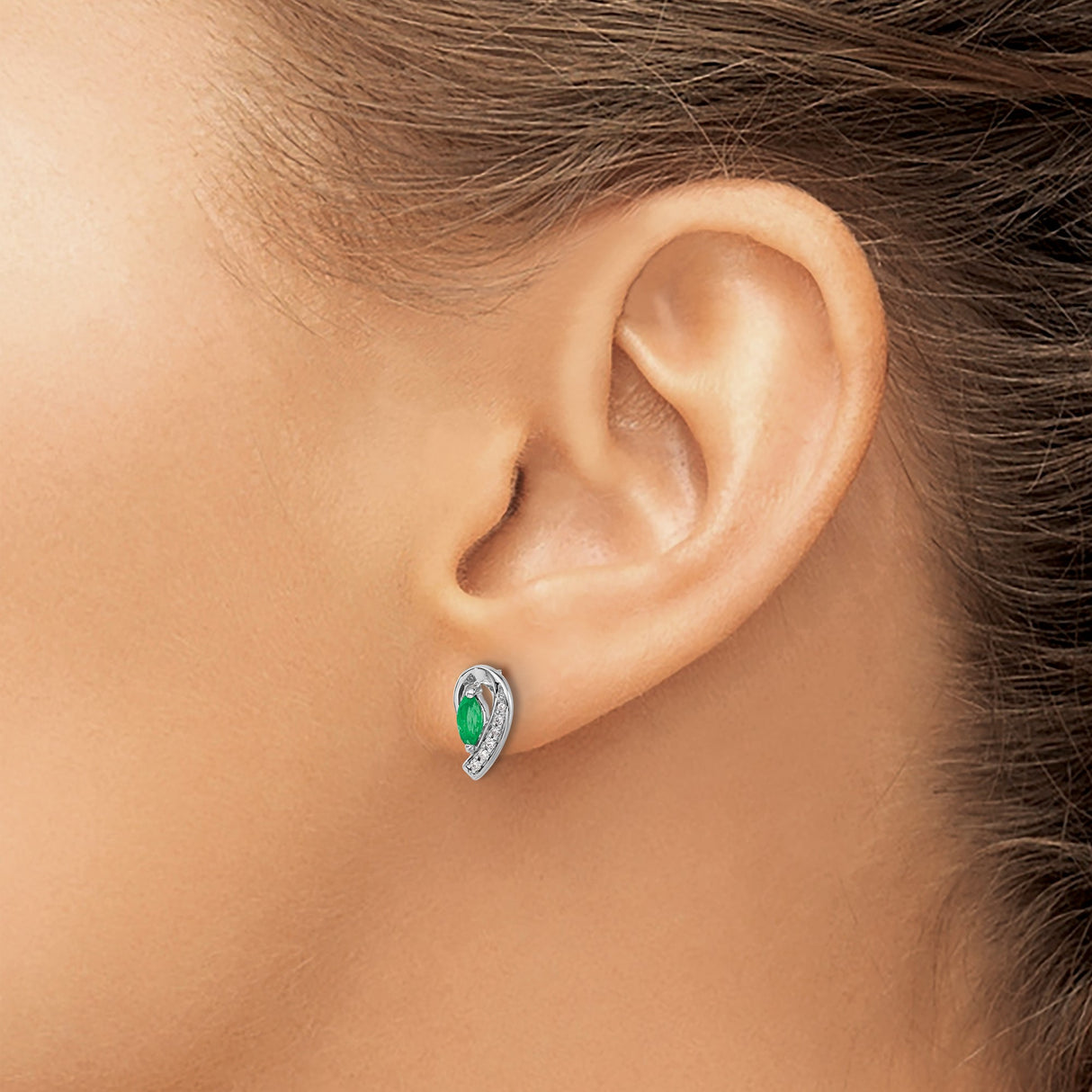 10k White Gold Stud Earrings with Marquise Cut Emerald and Diamond Accents, Ribbon Design
