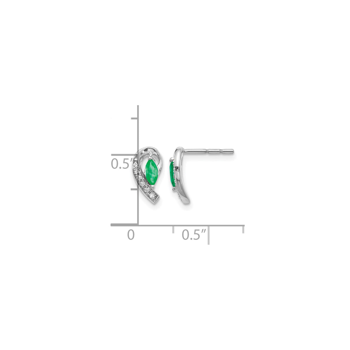10k White Gold Stud Earrings with Marquise Cut Emerald and Diamond Accents, Ribbon Design