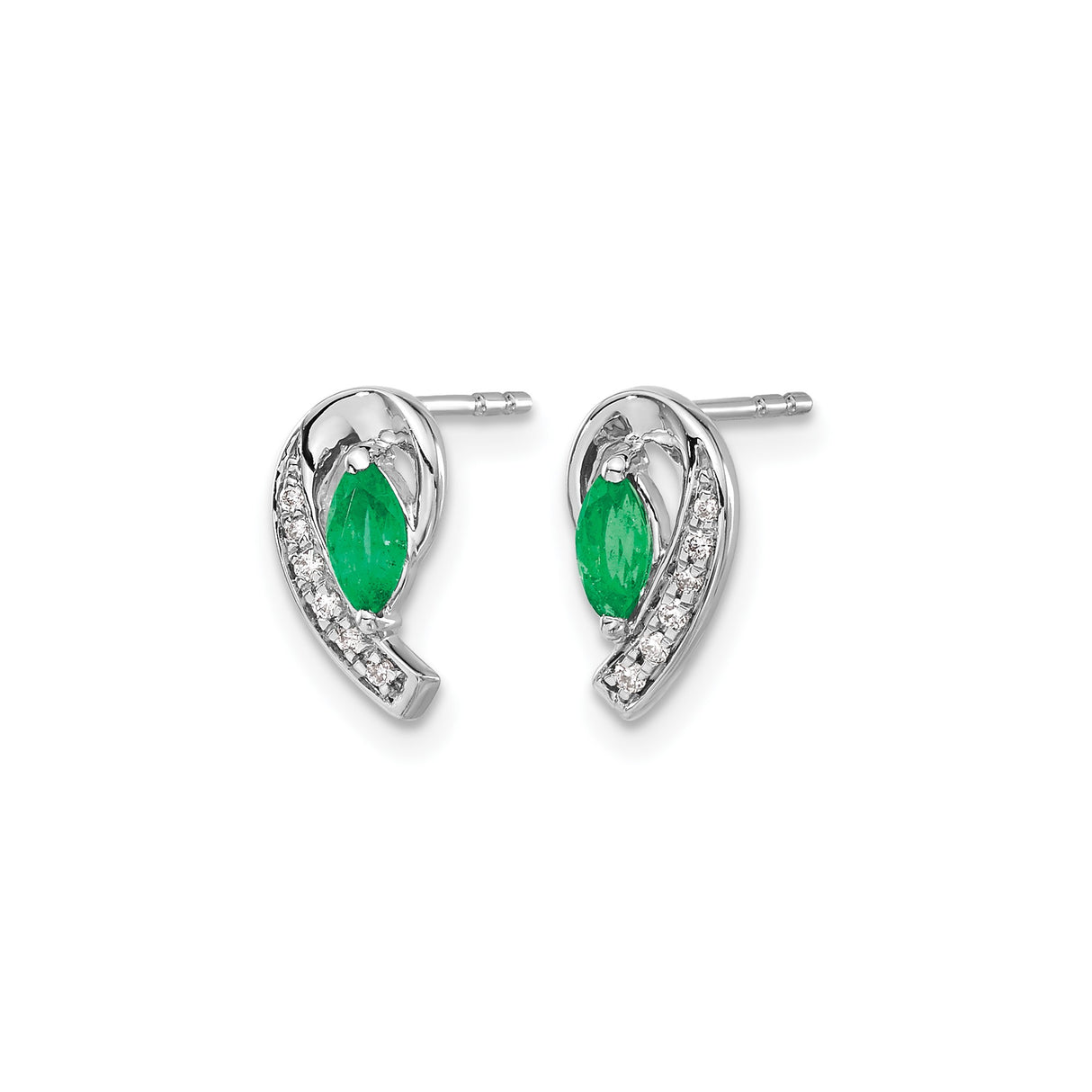 14k White Gold Stud Earrings with Marquise Cut Emeralds and Diamond Accents, Swirl Design