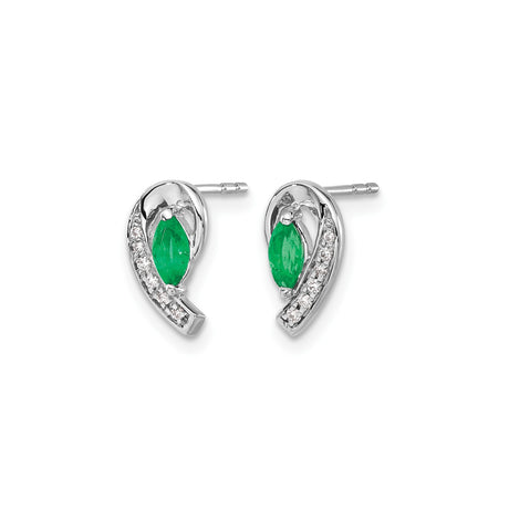 14k White Gold Stud Earrings with Marquise Cut Emeralds and Diamond Accents, Swirl Design