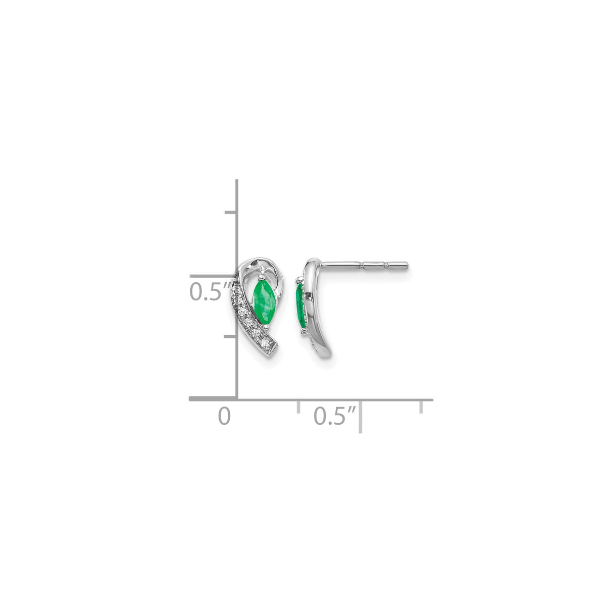 14k White Gold Stud Earrings with Marquise Cut Emeralds and Diamond Accents, Swirl Design