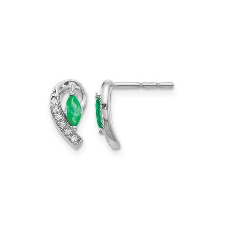 14k White Gold Stud Earrings with Marquise Cut Emeralds and Diamond Accents, Swirl Design