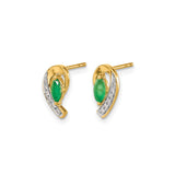 14k Yellow Gold Stud Earrings with Marquise Cut Emerald, Curved Design, and Diamond Accents