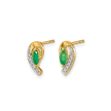 14k Yellow Gold Stud Earrings with Marquise Cut Emerald, Curved Design, and Diamond Accents