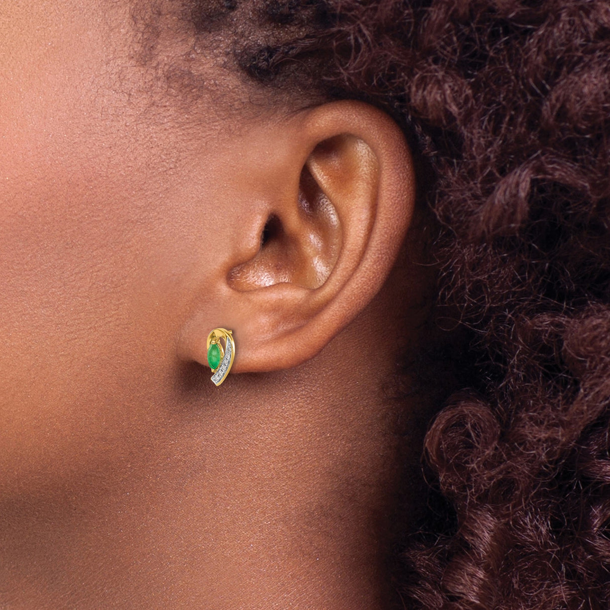 14k Yellow Gold Stud Earrings with Marquise Cut Emerald, Curved Design, and Diamond Accents