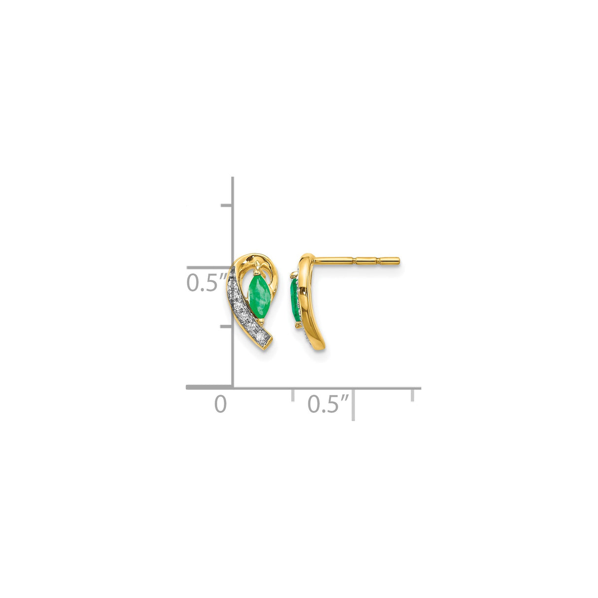 14k Yellow Gold Stud Earrings with Marquise Cut Emerald, Curved Design, and Diamond Accents