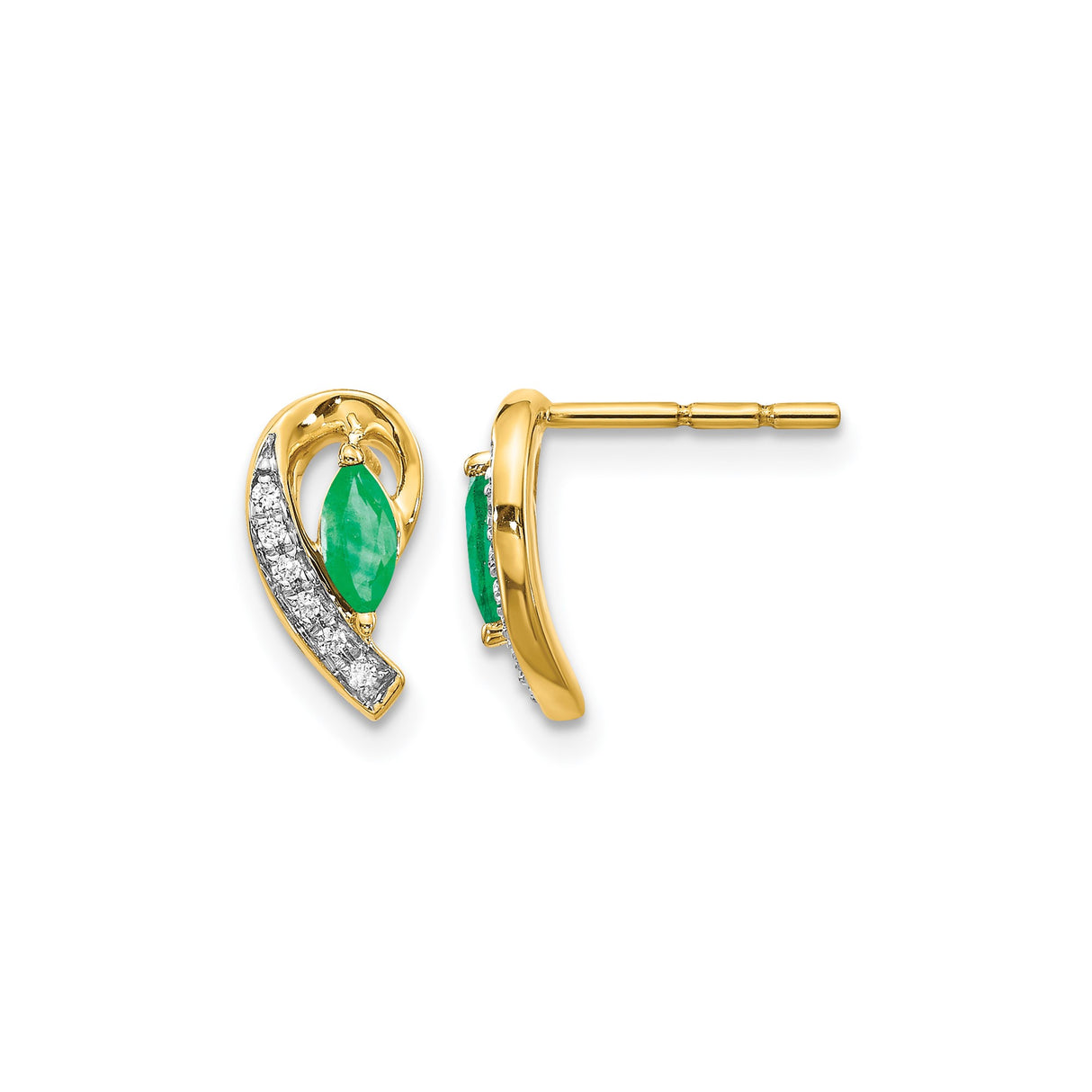 14k Yellow Gold Stud Earrings with Marquise Cut Emerald, Curved Design, and Diamond Accents