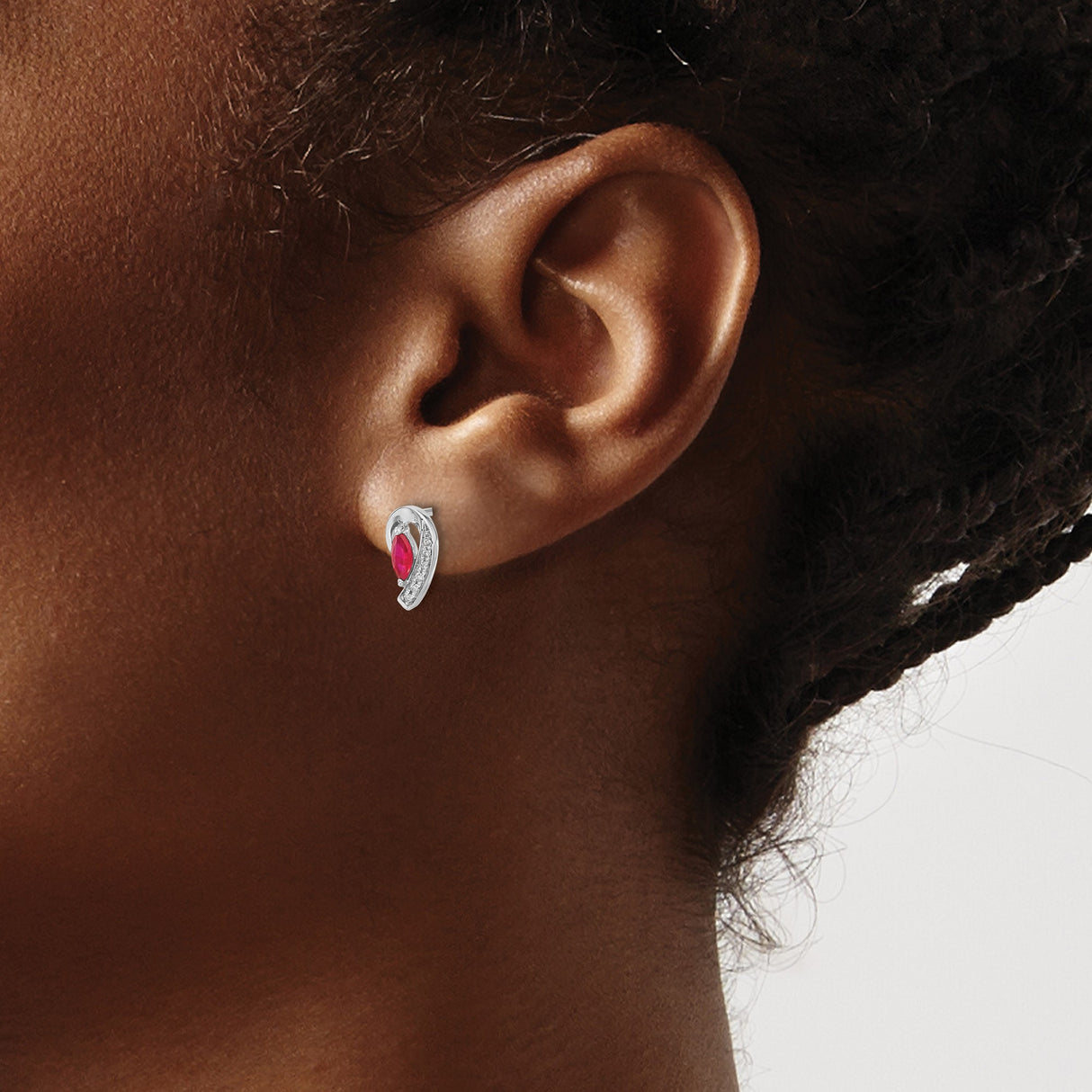 10k White Gold Stud Earrings with Marquise Ruby and Curved Diamond Accents, Abstract Design