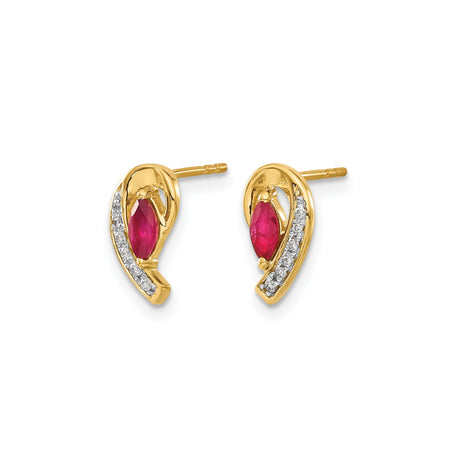 14k Yellow Gold Stud Earrings with Ruby and Diamond, Marquise and Curved Swoop Design