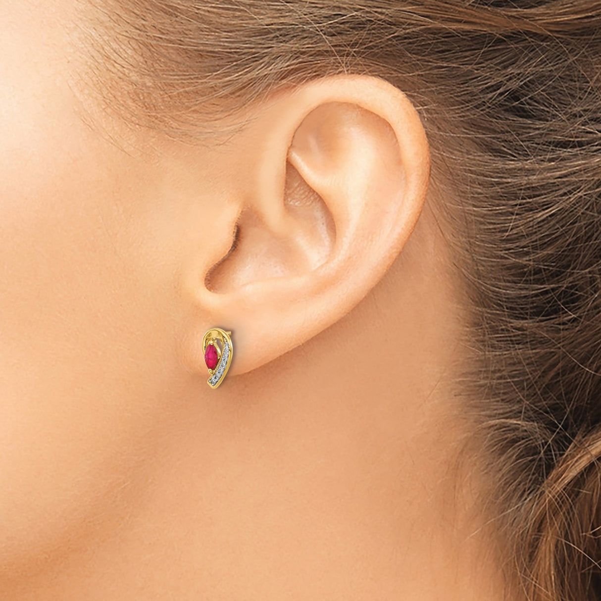 14k Yellow Gold Stud Earrings with Ruby and Diamond, Marquise and Curved Swoop Design