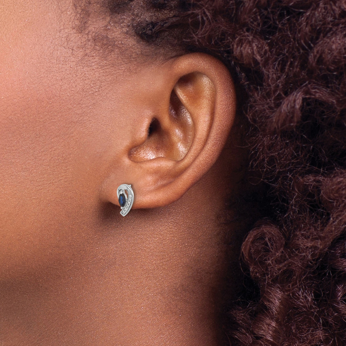 10k White Gold Stud Earrings with Marquise Cut Sapphire and Diamond Accents, Curved Design