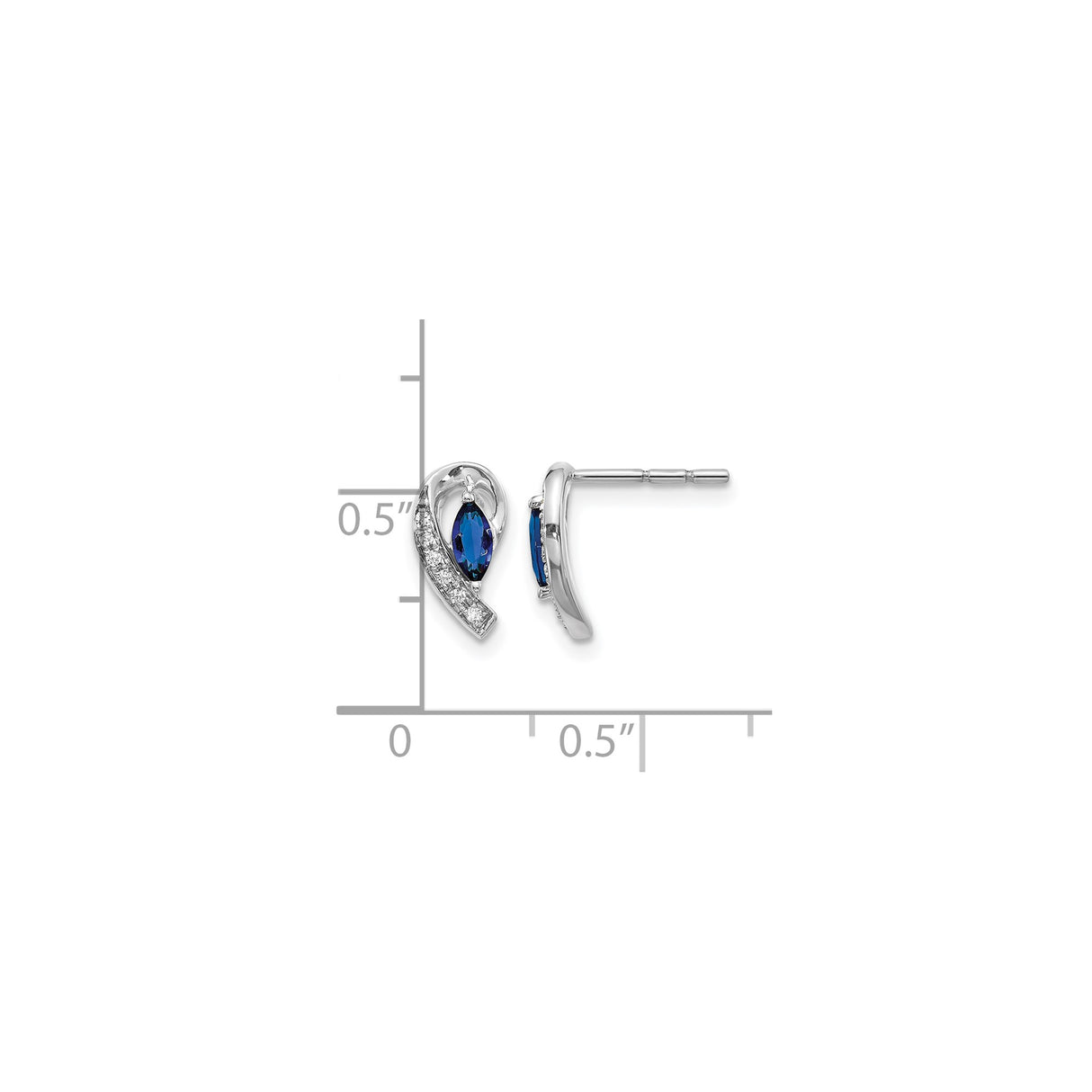 10k White Gold Stud Earrings with Marquise Cut Sapphire and Diamond Accents, Curved Design