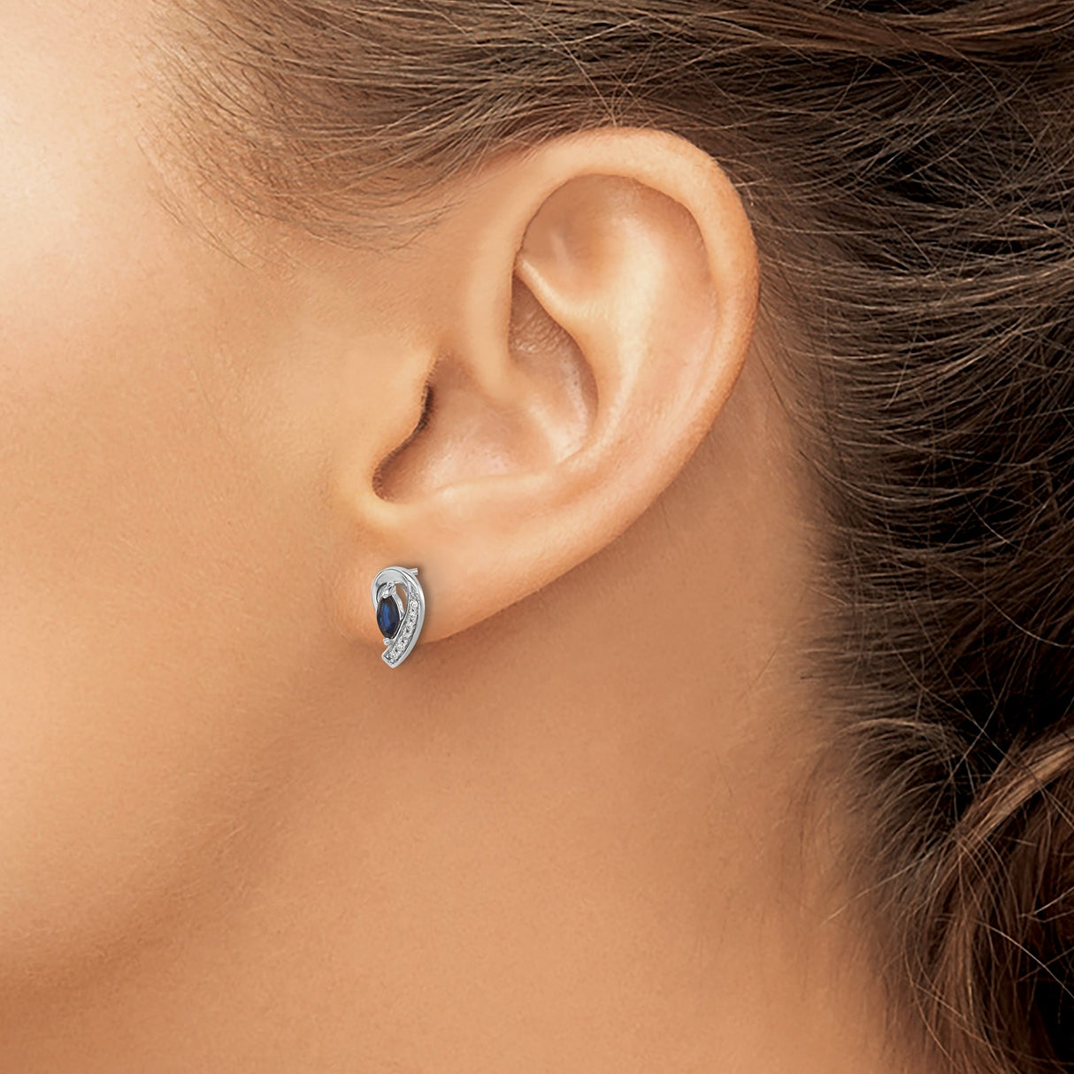 14k White Gold Stud Earrings with Marquise Cut Sapphire and Diamond Accent