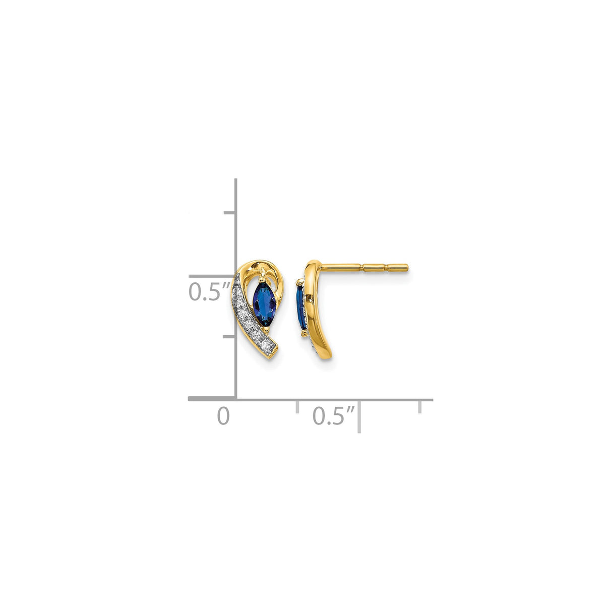 14k Yellow Gold Stud Earrings with Marquise Cut Sapphire and Diamond Accents, Swirl Design