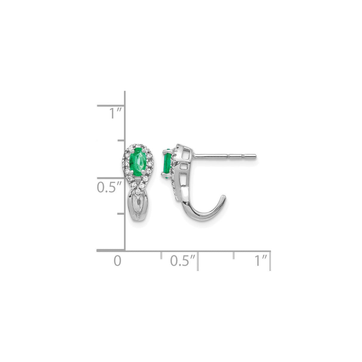 14k White Gold Teardrop Earrings with Oval Emerald and Diamond Halo Dangle Design