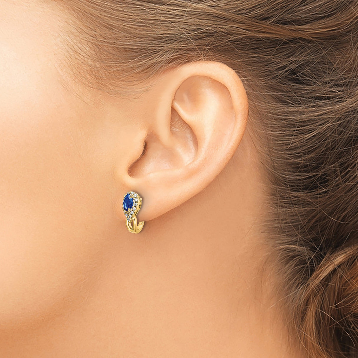 10k Yellow Gold Stud Earrings with Sapphire Center and Diamond Accents, Pear Shaped Classic Design
