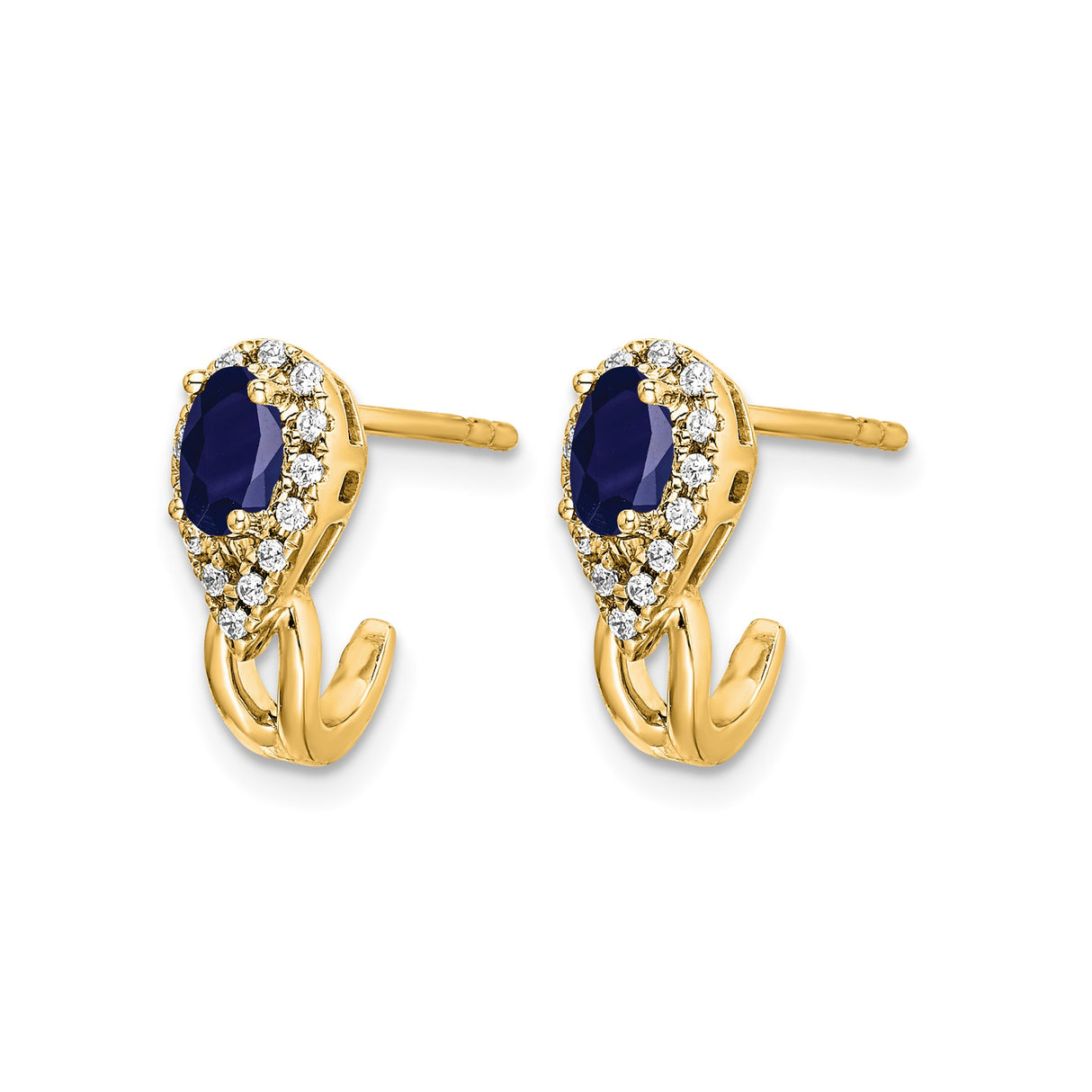 14k Yellow Gold Teardrop Dangle Earrings with Blue Sapphires and Diamond Halo Setting