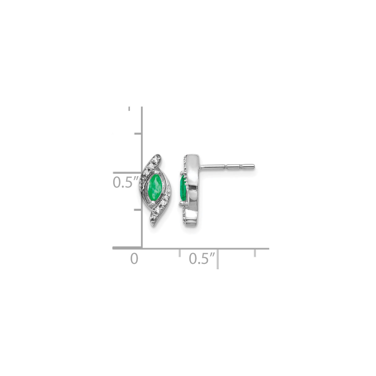 10k White Gold Stud Earrings with Marquise Cut Emerald and Diamond Accents, Wave Design