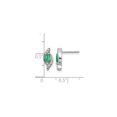 10k White Gold Stud Earrings with Marquise Cut Emerald and Diamond Accents, Wave Design