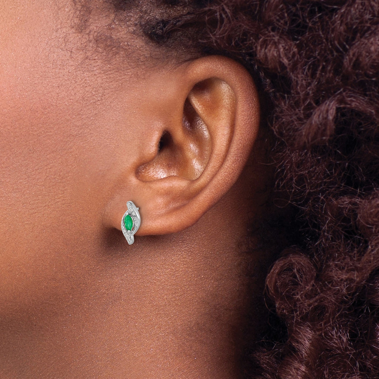 14k White Gold Stud Earrings with Marquise Cut Emerald and Diamond Accents, Modern Wave Design