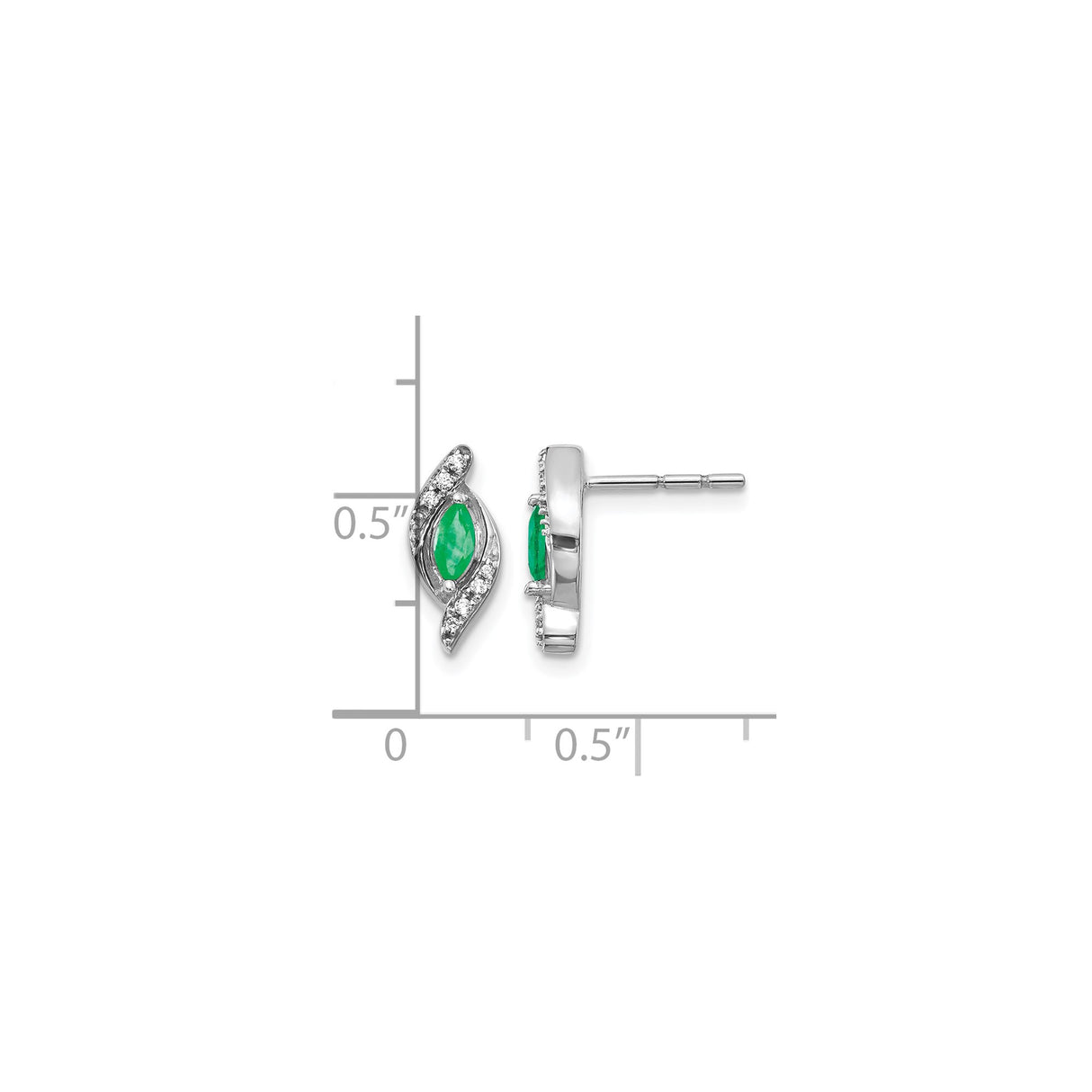 14k White Gold Stud Earrings with Marquise Cut Emerald and Diamond Accents, Modern Wave Design