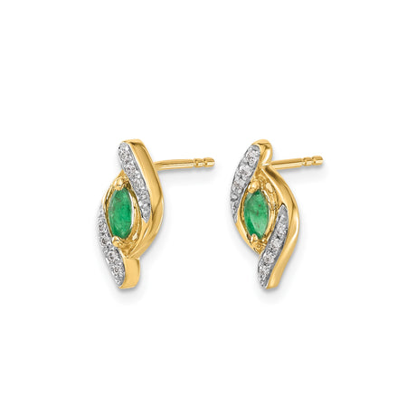 14k Yellow Gold Stud Earrings with Marquise Emerald and Diamond Accents, Leaf Design