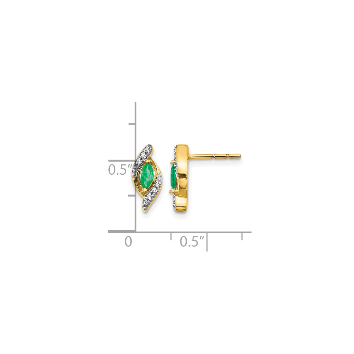 14k Yellow Gold Stud Earrings with Marquise Emerald and Diamond Accents, Leaf Design