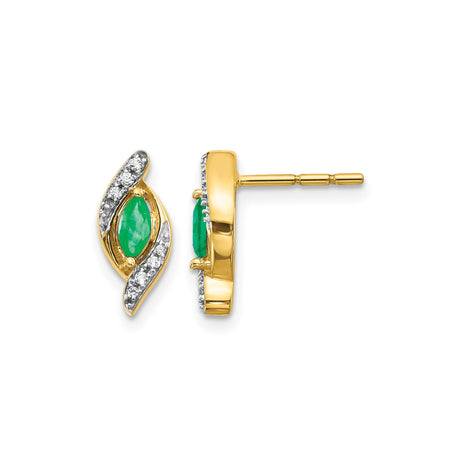 14k Yellow Gold Stud Earrings with Marquise Emerald and Diamond Accents, Leaf Design
