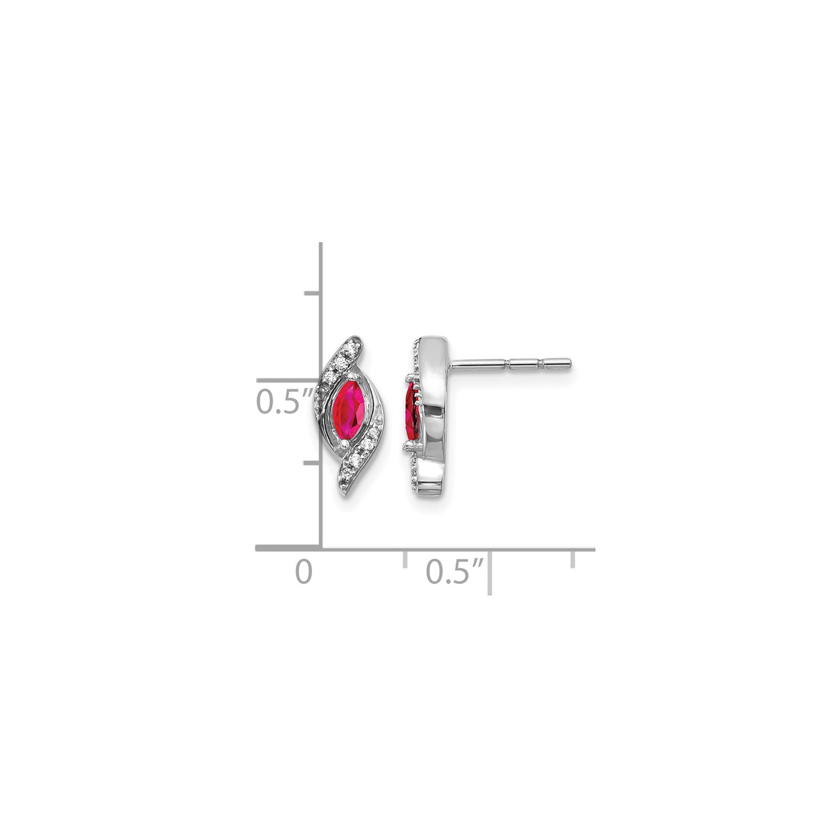 10k White Gold Stud Earrings with Marquise Cut Ruby, Diamond Accents, Leaf Design