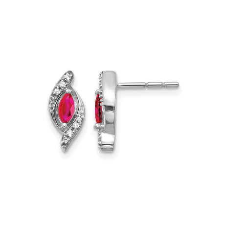 10k White Gold Stud Earrings with Marquise Cut Ruby, Diamond Accents, Leaf Design