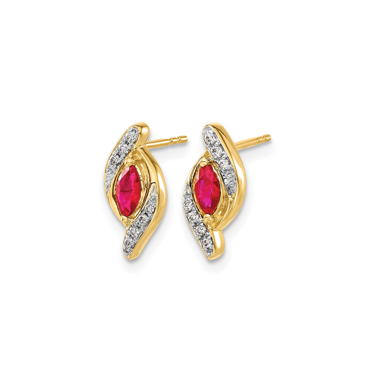 14k Yellow Gold Ruby and Diamond Stud Earrings, Marquise Cut Swirl Design
