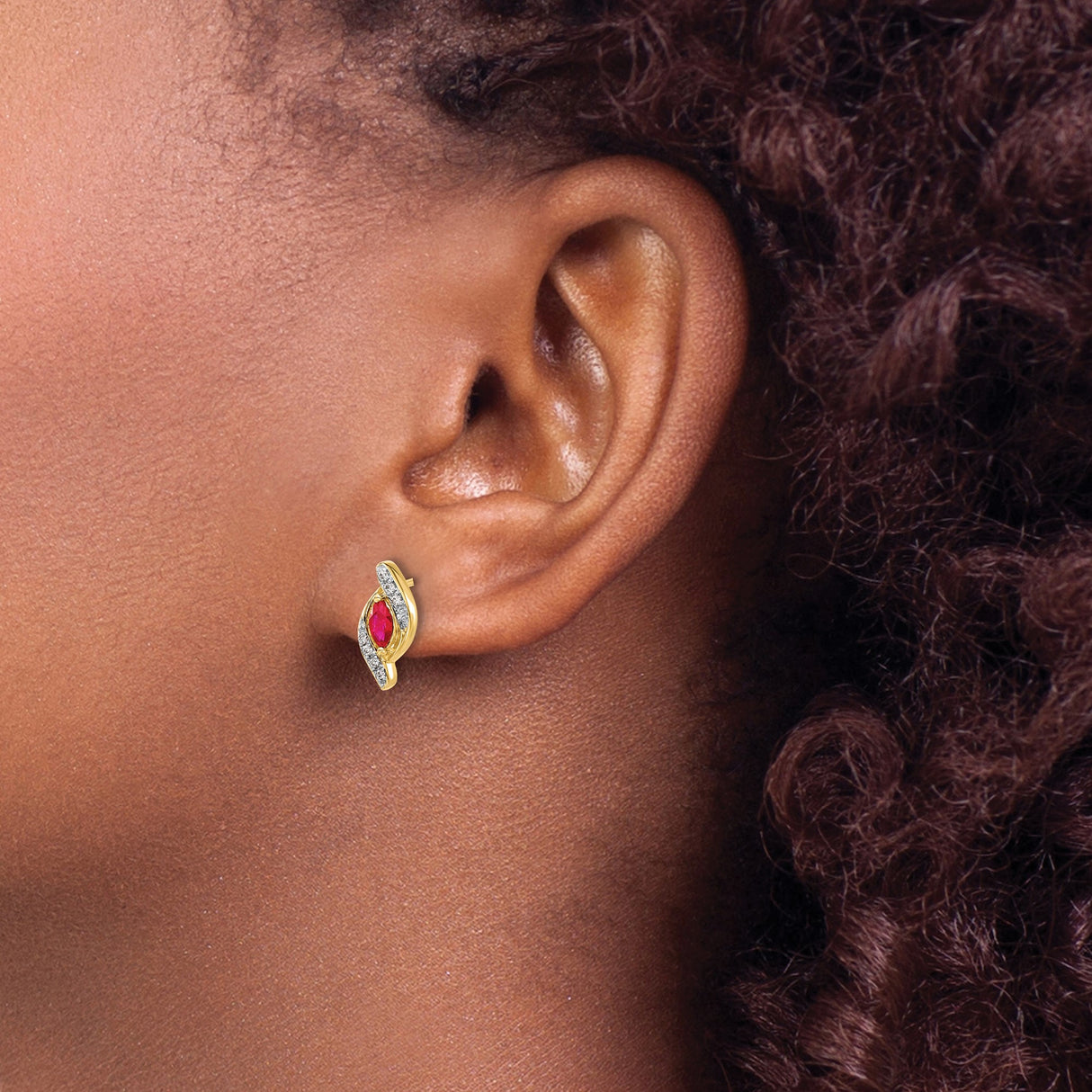 14k Yellow Gold Ruby and Diamond Stud Earrings, Marquise Cut Swirl Design