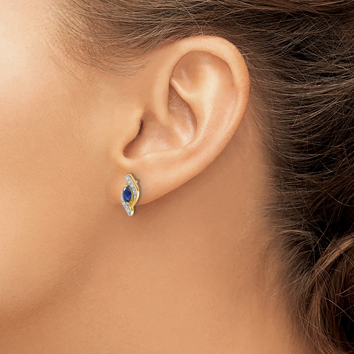 14k Yellow Gold Stud Earrings, Marquise Sapphire with Diamond Accent, Swirl Design