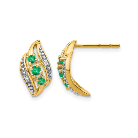 14k Yellow Gold Stud Earrings with Emeralds and Diamond Accents in Wave Design