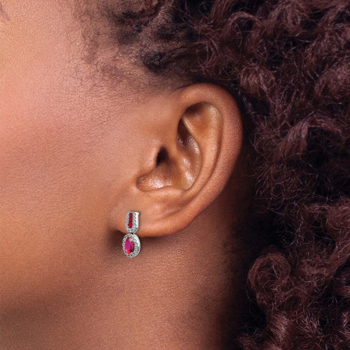 14k White Gold Drop Earrings with Ruby Gemstones, Halo Setting Dangle Style