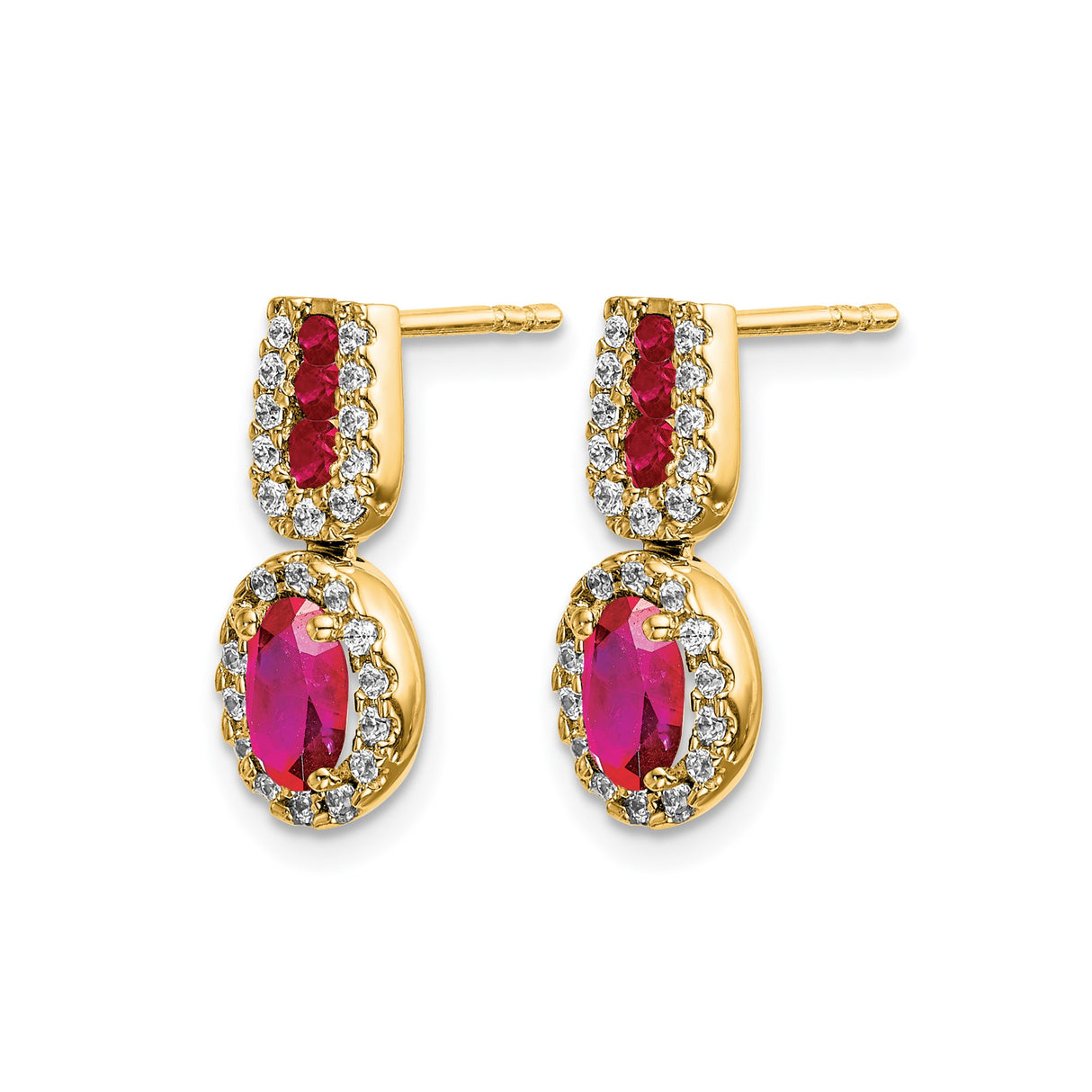 14k Yellow Gold Drop Earrings with Oval and Round Ruby Stones and Diamond Accents