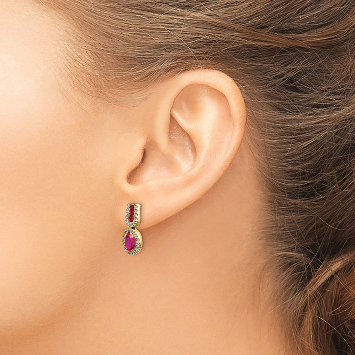 14k Yellow Gold Drop Earrings with Oval and Round Ruby Stones and Diamond Accents