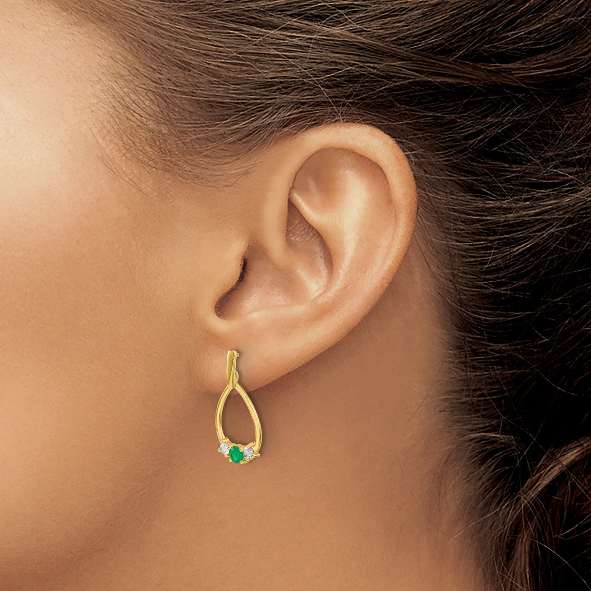 14k Yellow Gold Teardrop Earrings with Emerald and White Diamonds