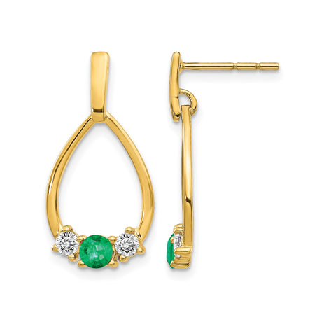 14k Yellow Gold Teardrop Earrings with Emerald and White Diamonds