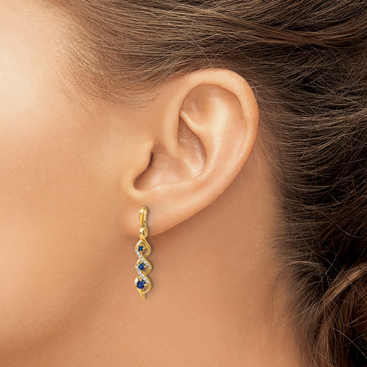 14k Yellow Gold Dangle Earrings with Blue Sapphire and Diamond Accents, Infinity Twist Design