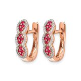 14k Rose Gold Hoop Earrings with Ruby and Diamond Alternating Rows, Scalloped Design
