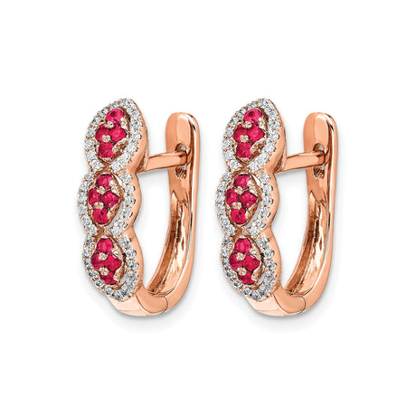 14k Rose Gold Hoop Earrings with Ruby and Diamond Alternating Rows, Scalloped Design