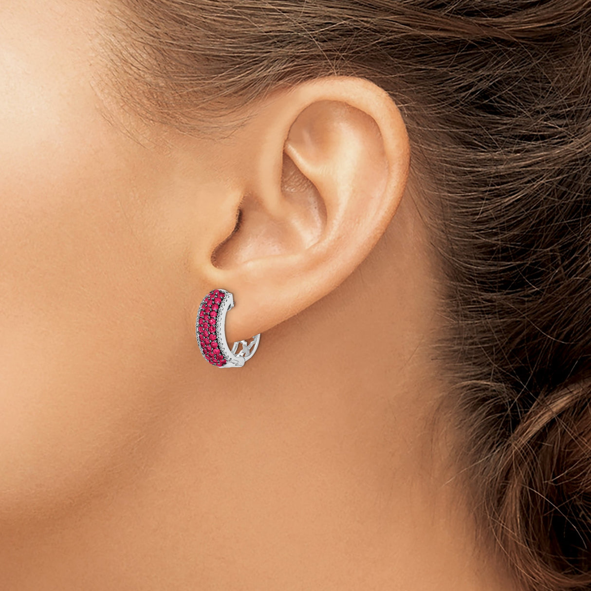 14k White Gold Hoop Earrings with Ruby and Diamond in Pavé Setting, Huggie Style
