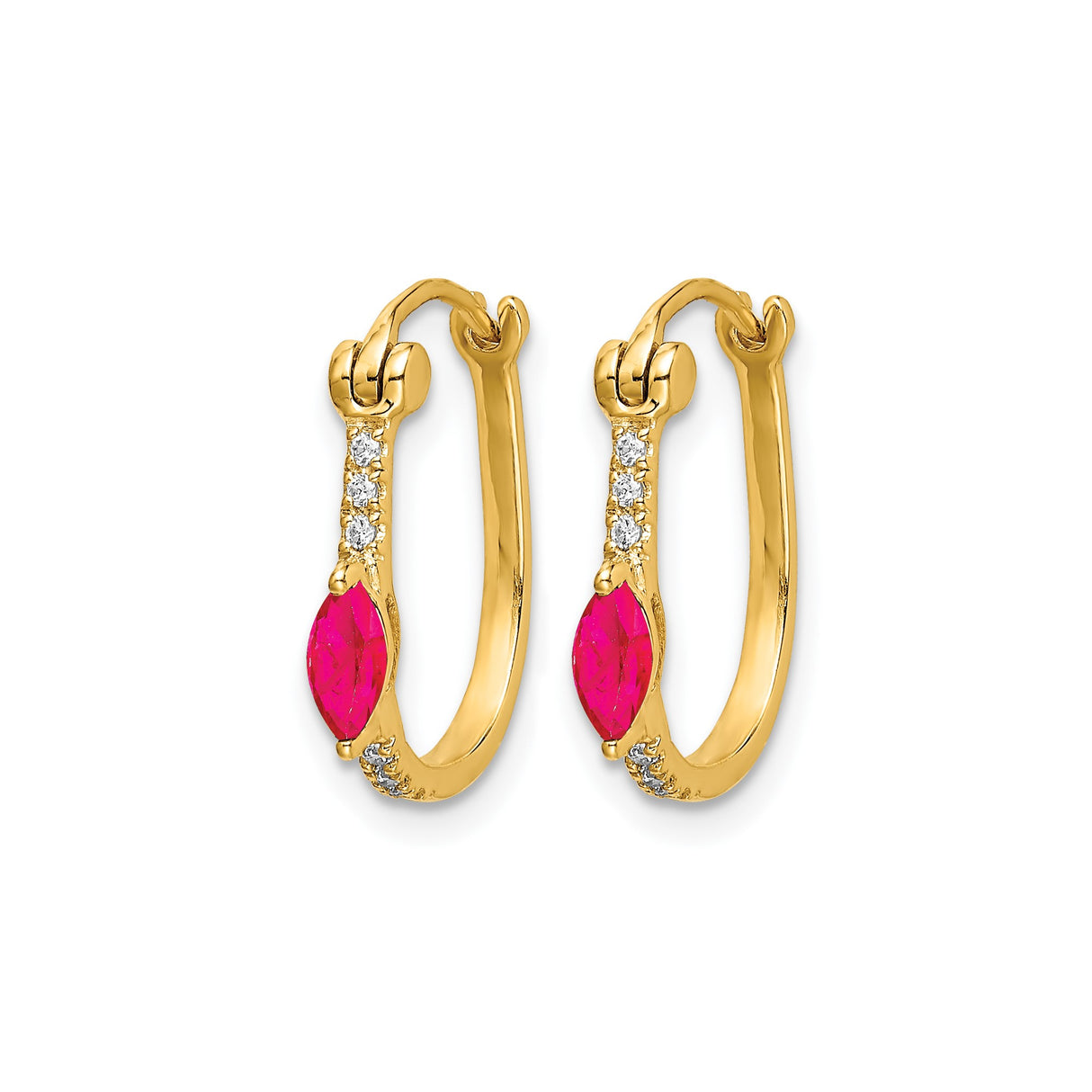 10k Yellow Gold Hoop Earrings with Marquise Cut Ruby and Diamond Accents