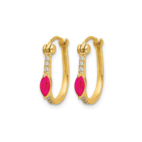 10k Yellow Gold Hoop Earrings with Marquise Cut Ruby and Diamond Accents