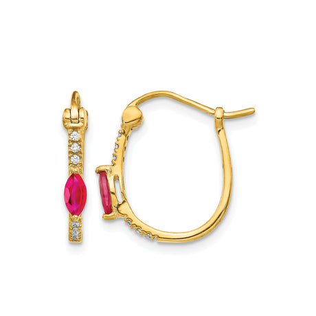 10k Yellow Gold Hoop Earrings with Marquise Cut Ruby and Diamond Accents
