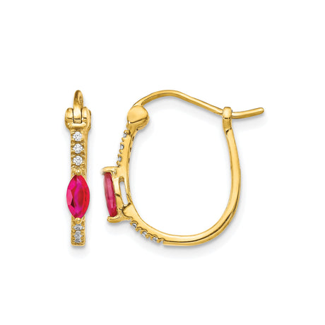 14k Yellow Gold Hoop Earrings with Marquise Ruby and Diamond Accents, Romantic Anniversary Jewelry
