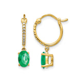 14k Yellow Gold Dangle Hoop Earrings with Oval Cut Emerald and Diamond Accents