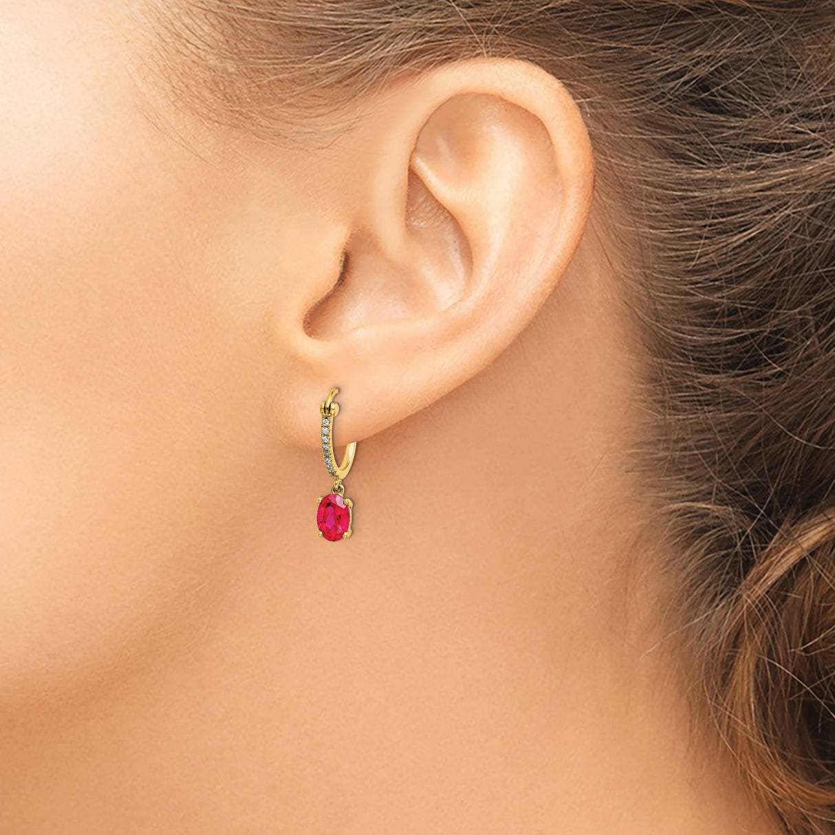 14k Yellow Gold Hoop Earrings with Ruby and Diamond, Oval Cut Dangle Style for Women