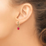 14k Yellow Gold Hoop Earrings with Ruby and Diamond, Oval Cut Dangle Style for Women